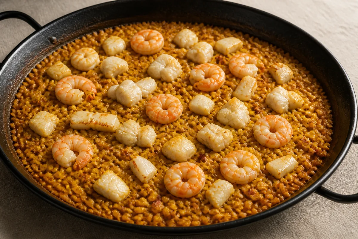 Arroz del senyoret aux crevettes décortiquées, lotte et calamar